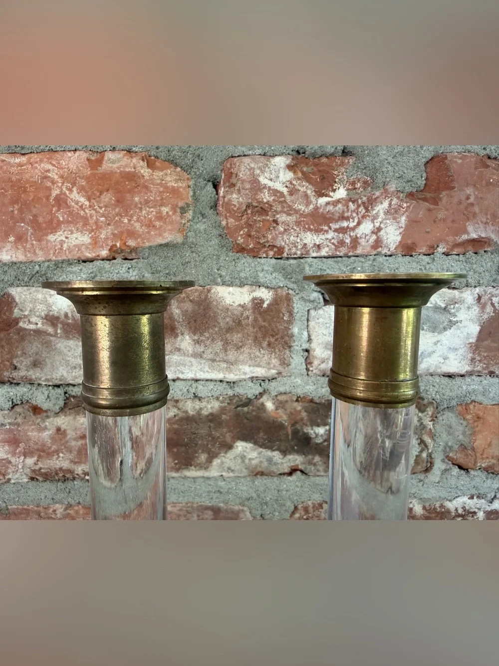 Vintage Brass Lucite Candlesticks Pair MCM Made in Hong Kong 9”
